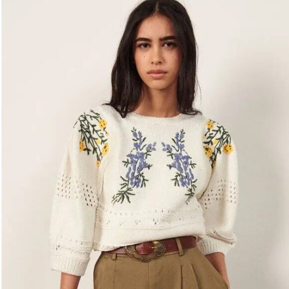 ba&sh SZ M Miro Knit Floral Embroidered Organic Cotton Pullover Sweater $375 - Picture 1 of 7